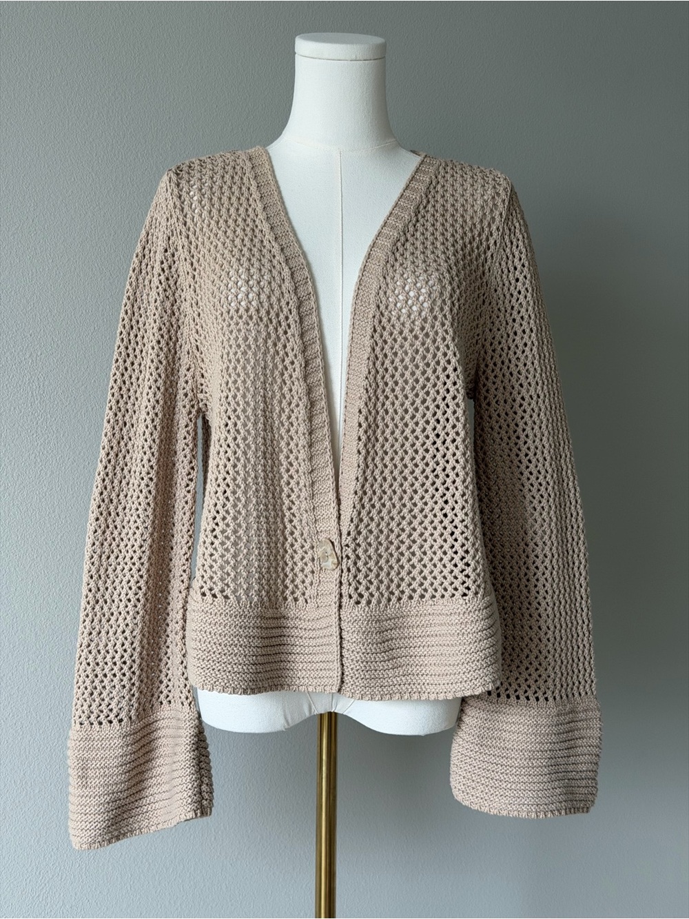 Soft Surroundings Open Knit V-Neck Draped Cardigan Neutral Beige - S